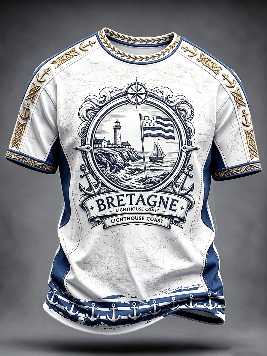 T-shirt décontracté pour homme, blanc, de style breton, avec imprimé patchwork représentant un phare