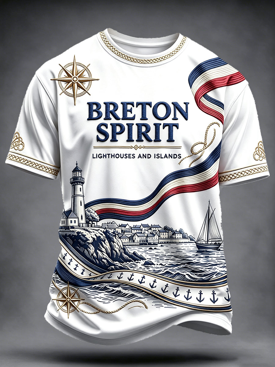 T-shirt décontracté pour homme à imprimé culturel représentant le phare de Bretagne au drapeau français blanc