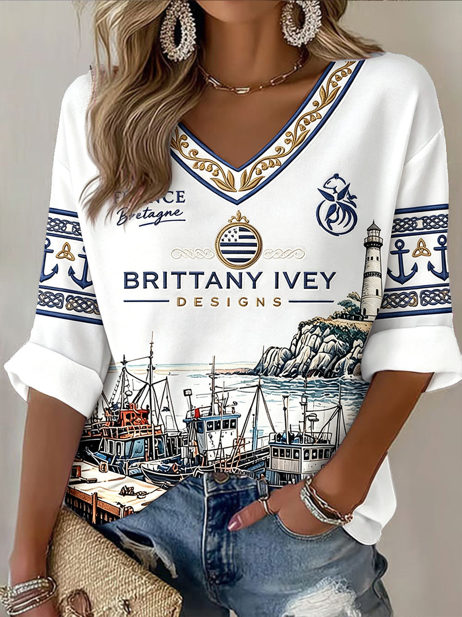 T-shirt blanc à col en V pour femme, motif Breton Port Heritage, style décontracté