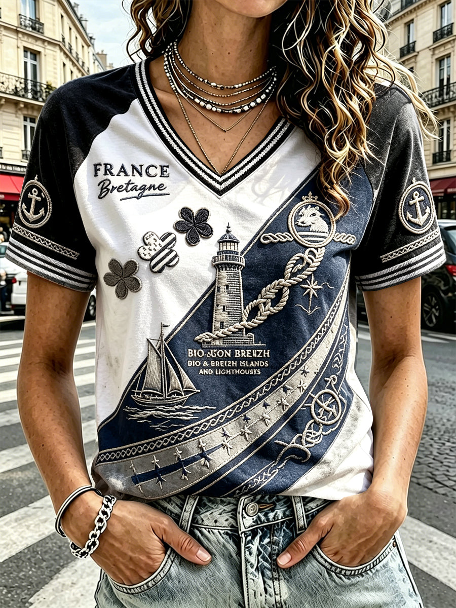 T-shirt décontracté à col en V pour femme, imprimé patchwork breton français