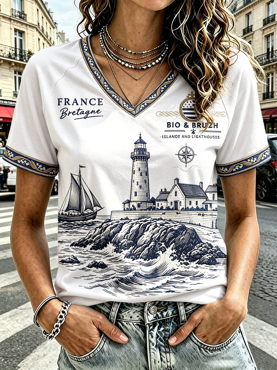 T-shirt blanc à col en V pour femme, de style breton, imprimé ethnique, décontracté
