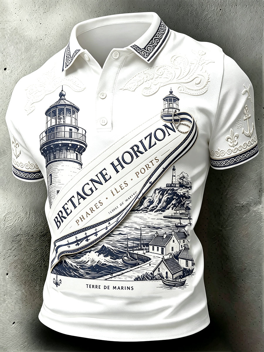 Polo homme blanc style breton décontracté avec imprimé culturel