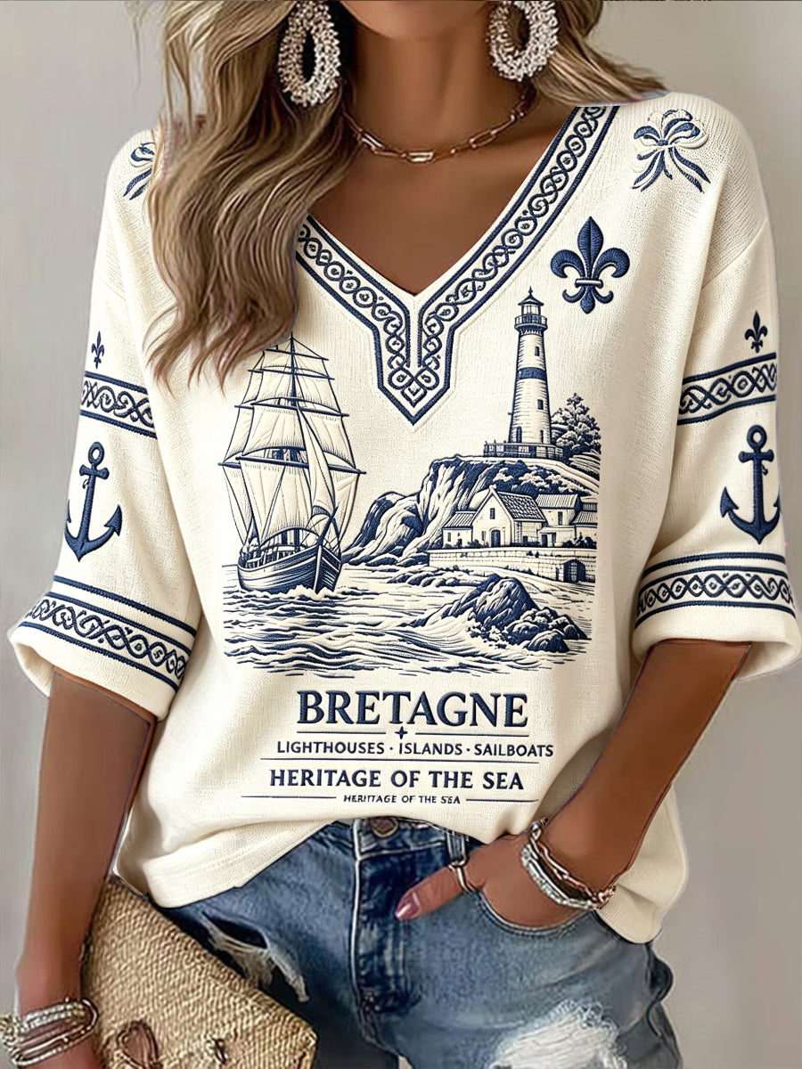 Vintage Beige Français Brittany Harbour-thème décontracté V-cou T-shirt des femmes