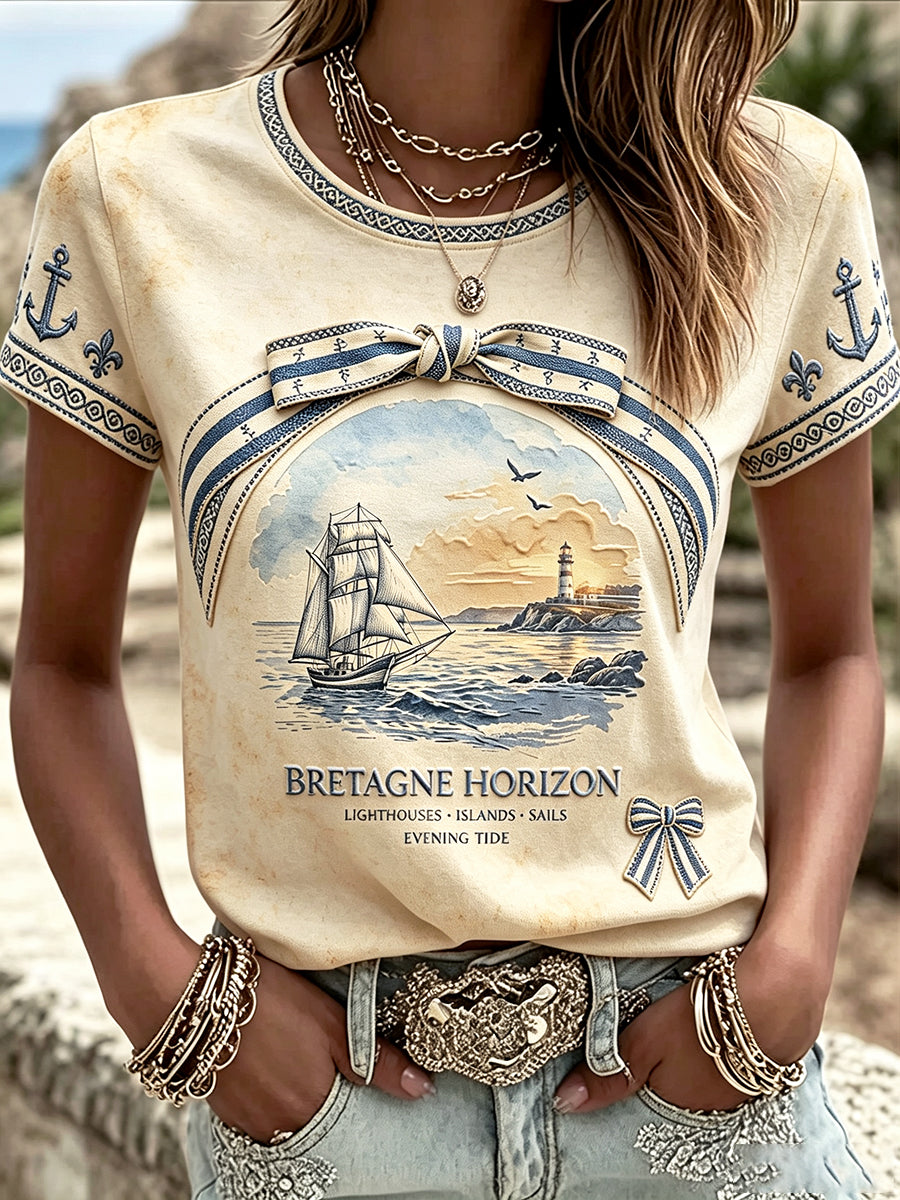 T-shirt décontracté rétro beige français bretonne phare voilier pour femme