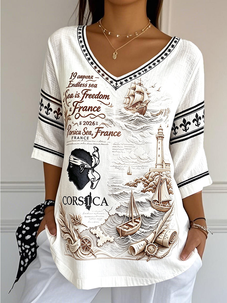 T-shirt à col en V en coton et lin d'été décontracté à imprimé corse français pour femme