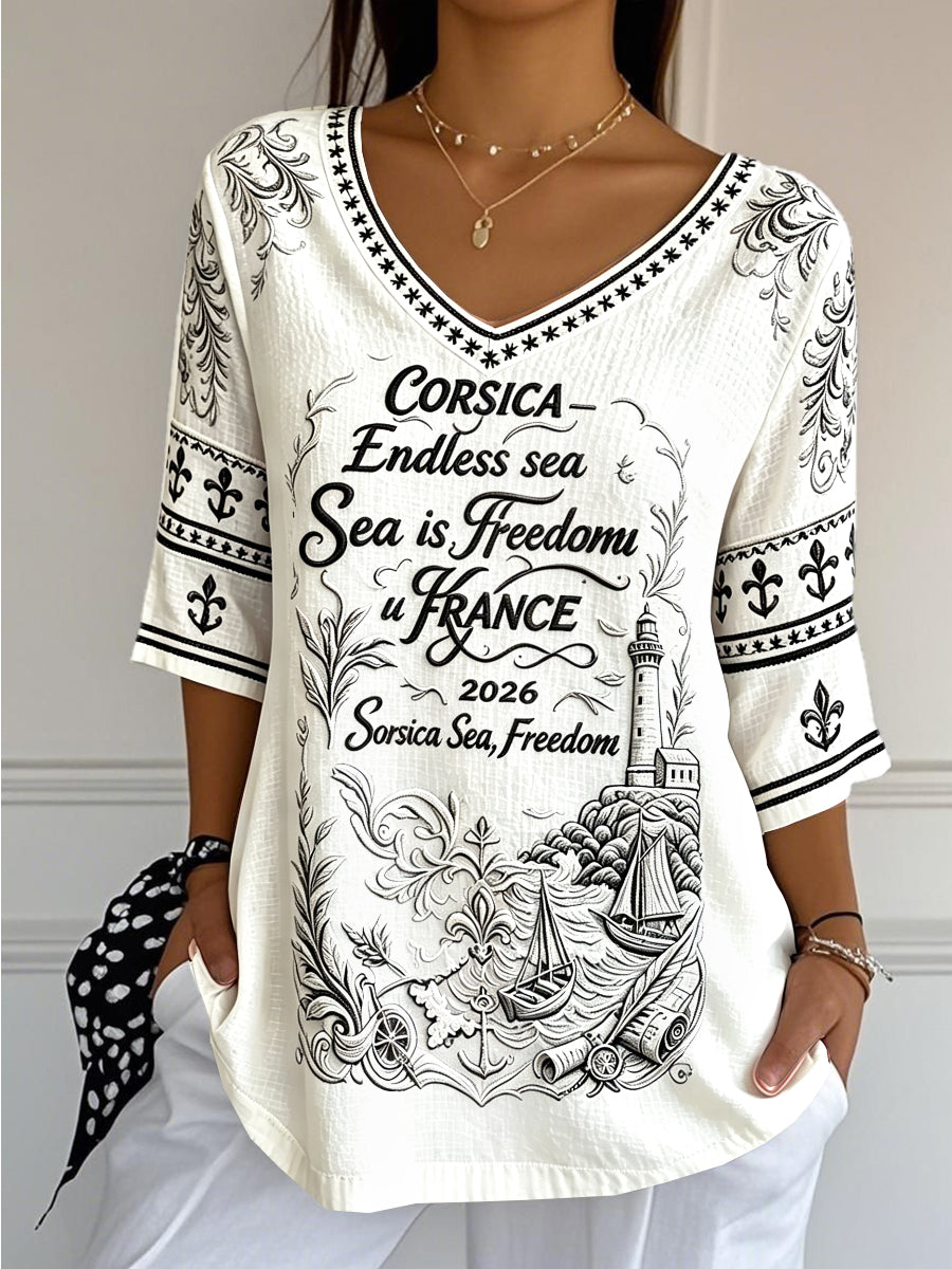 Tee-shirt Femme Blanc Col V Léger Coton-Lin Imprimé Français Corse