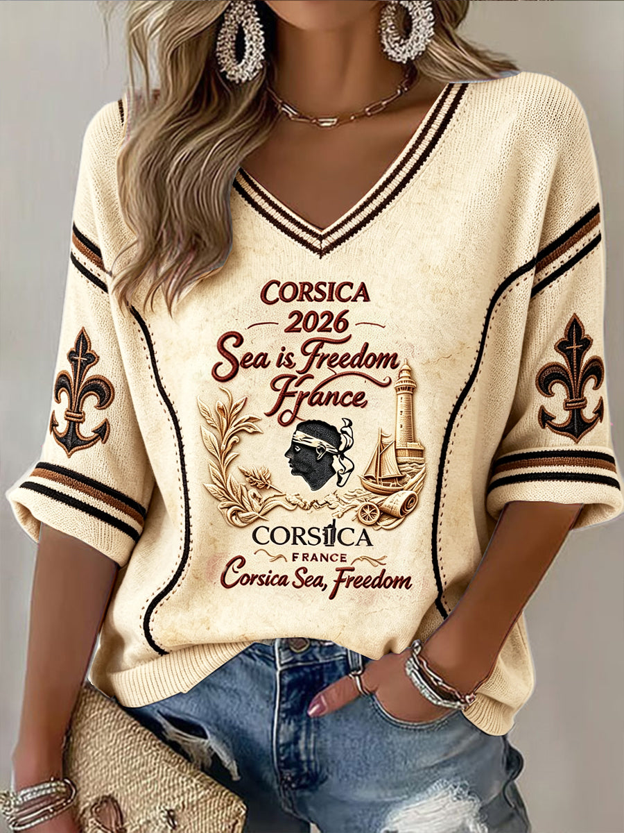 2026 Retro Français Corse 3D-Printed Casual V-Neck T-Shirt des femmes
