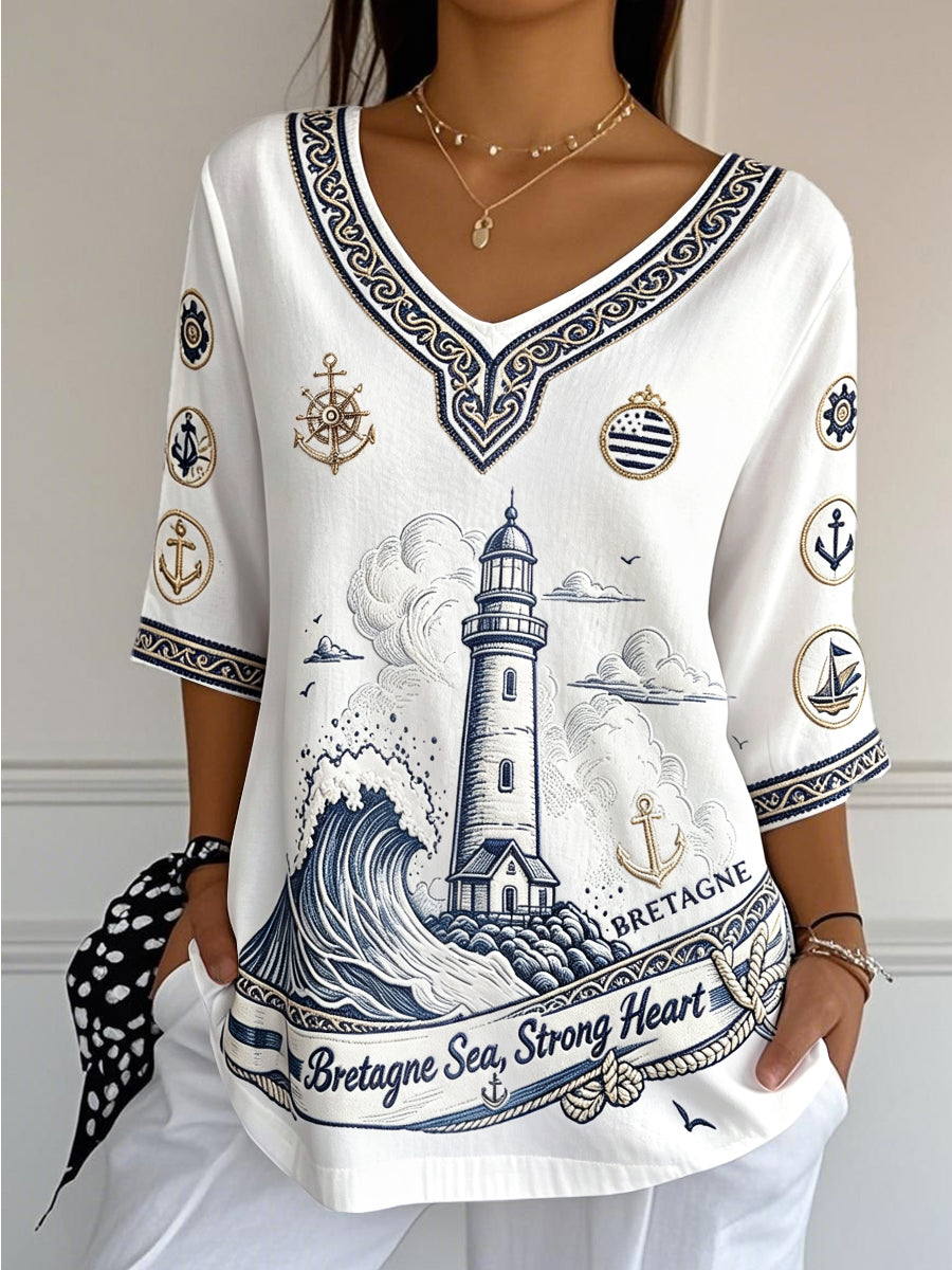 Tee-shirt Femme Blanc Coton-Lin Léger Imprimé Breton Français Col V