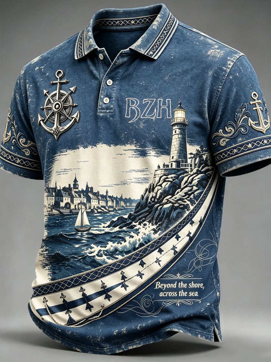 Polo décontracté vintage à imprimé phare de style breton bleu pour homme