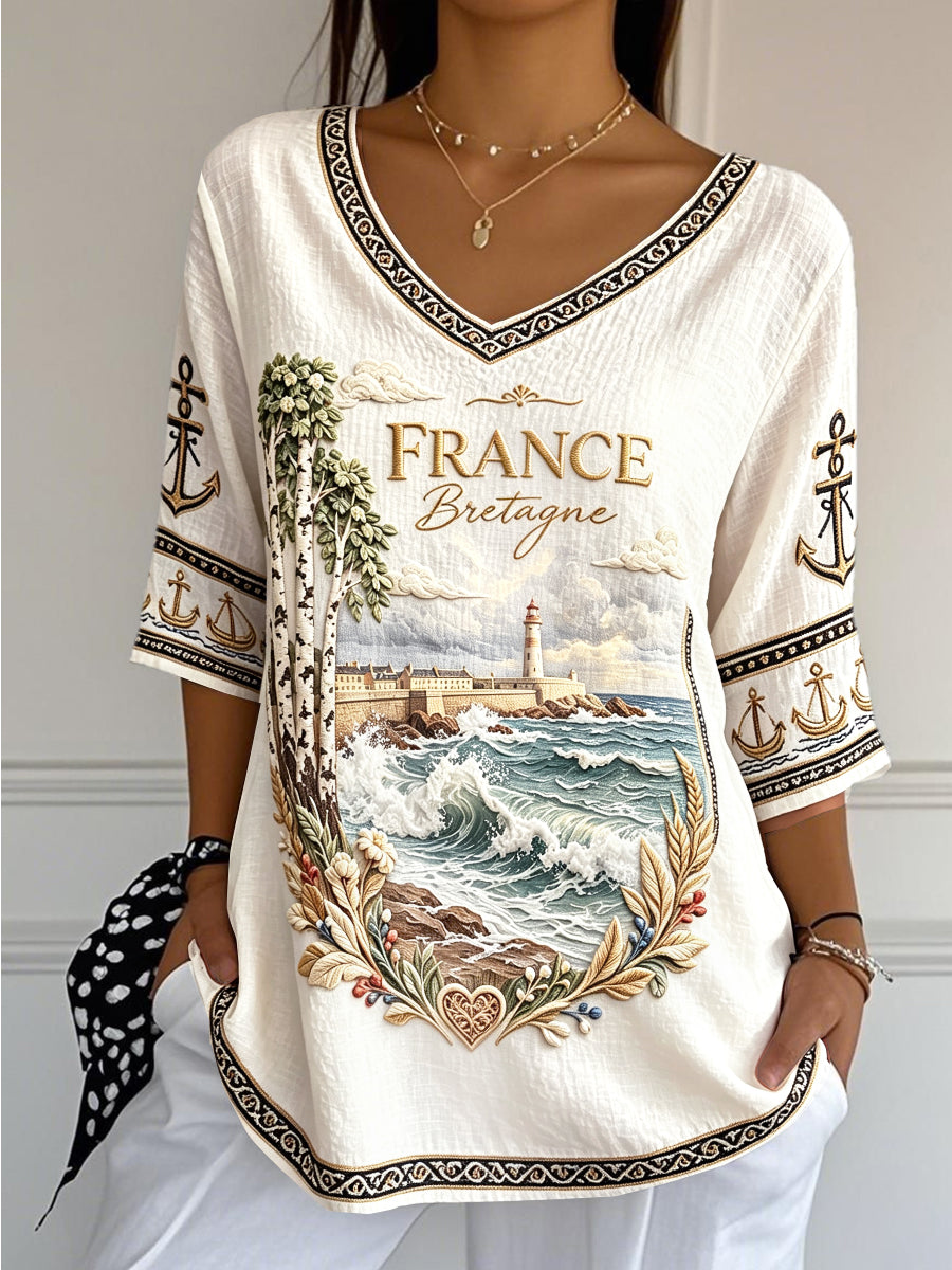 Tee-shirt femme imprimé illustré, décontracté cool coton-lin col V imprimé français Bretagne