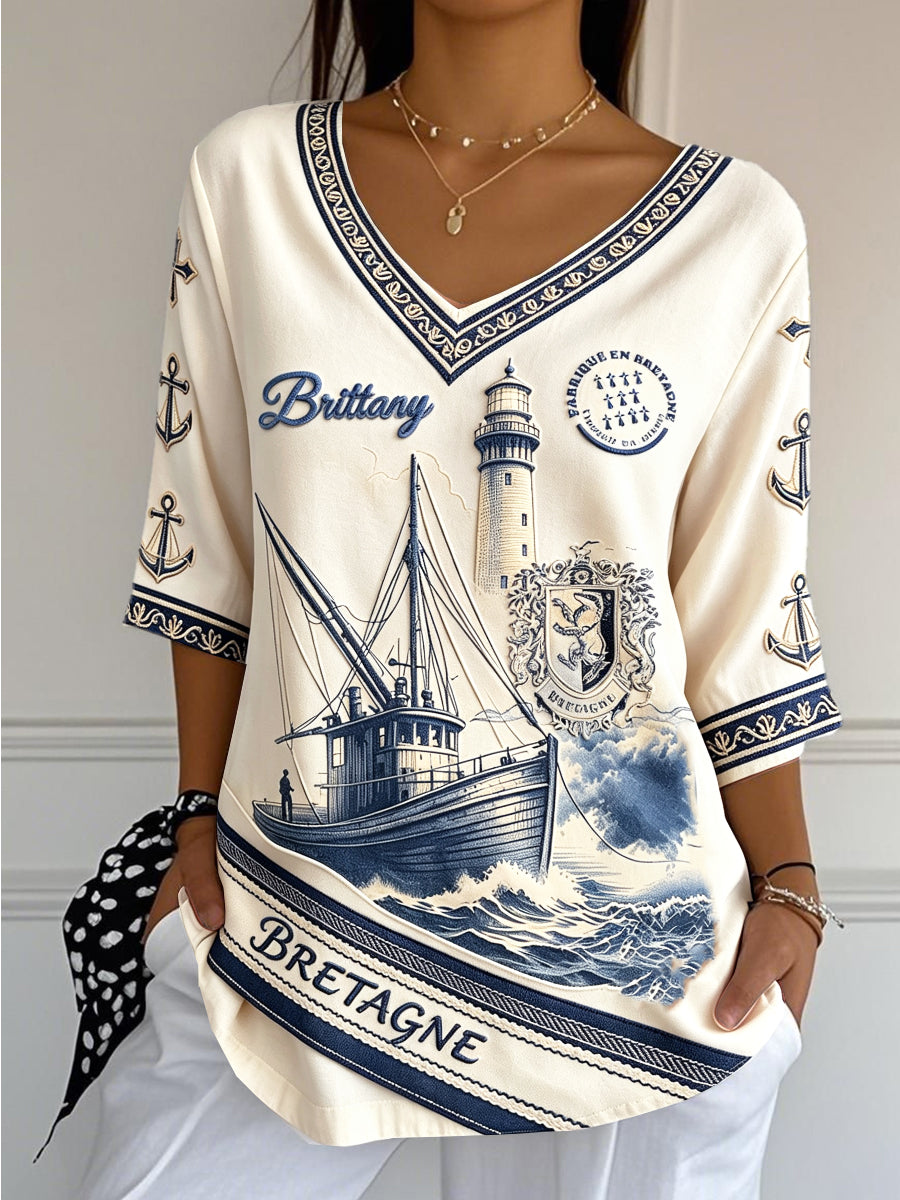 T-Shirt Femme Retro French Brittany-Print Casual, Cool-Wear Col V En Coton-Lin