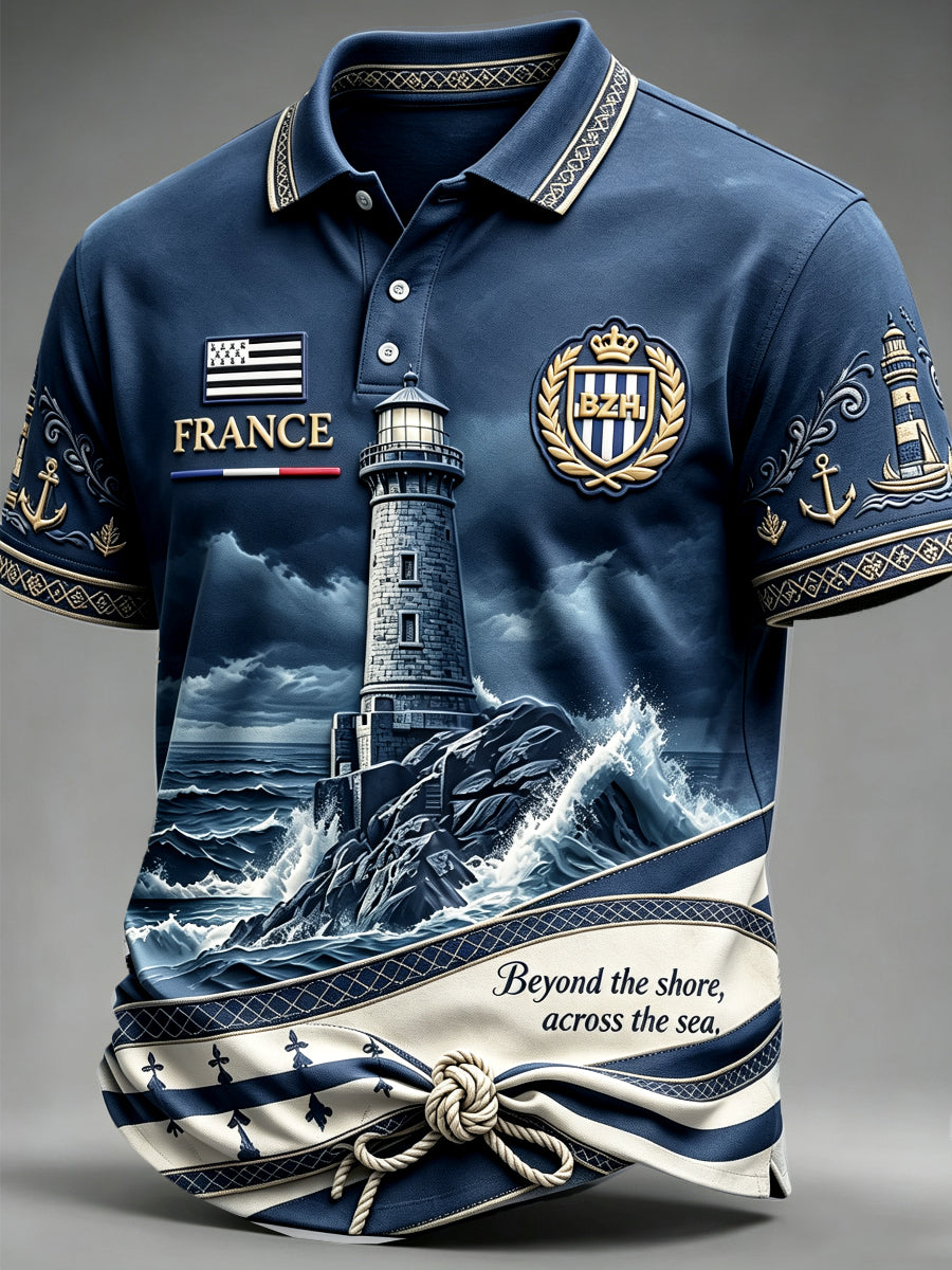 Polo Homme Bleu Foncé Décontracté À Imprimé Breton