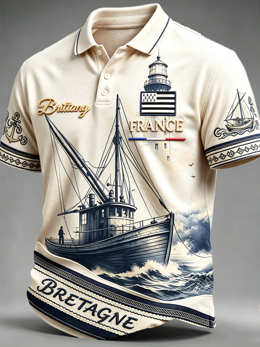 Polo Homme Décontracté Blanc Cassé Imprimé Bretagne Française