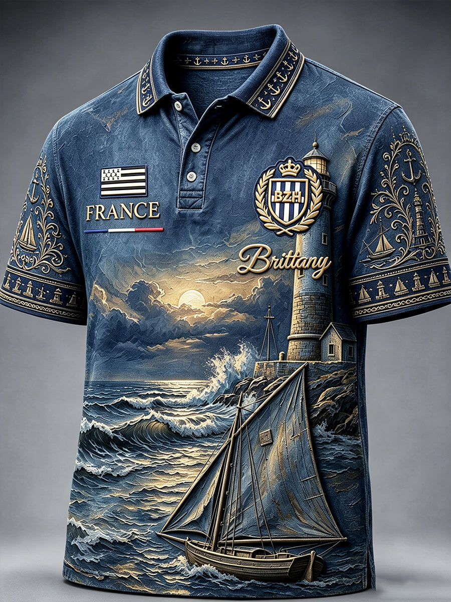 Polo décontracté vintage bleu foncé français bretagne phare pour homme