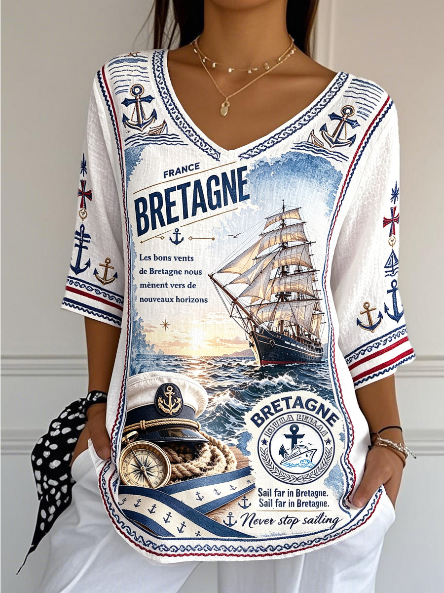 Tee-shirt Femme Blanc Col V En Coton-Lin Décontracté, Cool-Wear Imprimé Breton Français