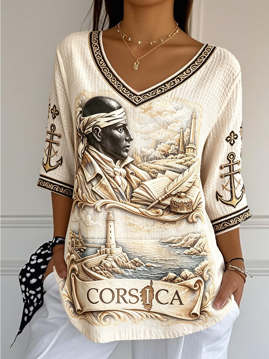 T-shirt à col en V décontracté Femme Blanc cassé Français-Corse Imprimé 3D Cool Coton-Lin
