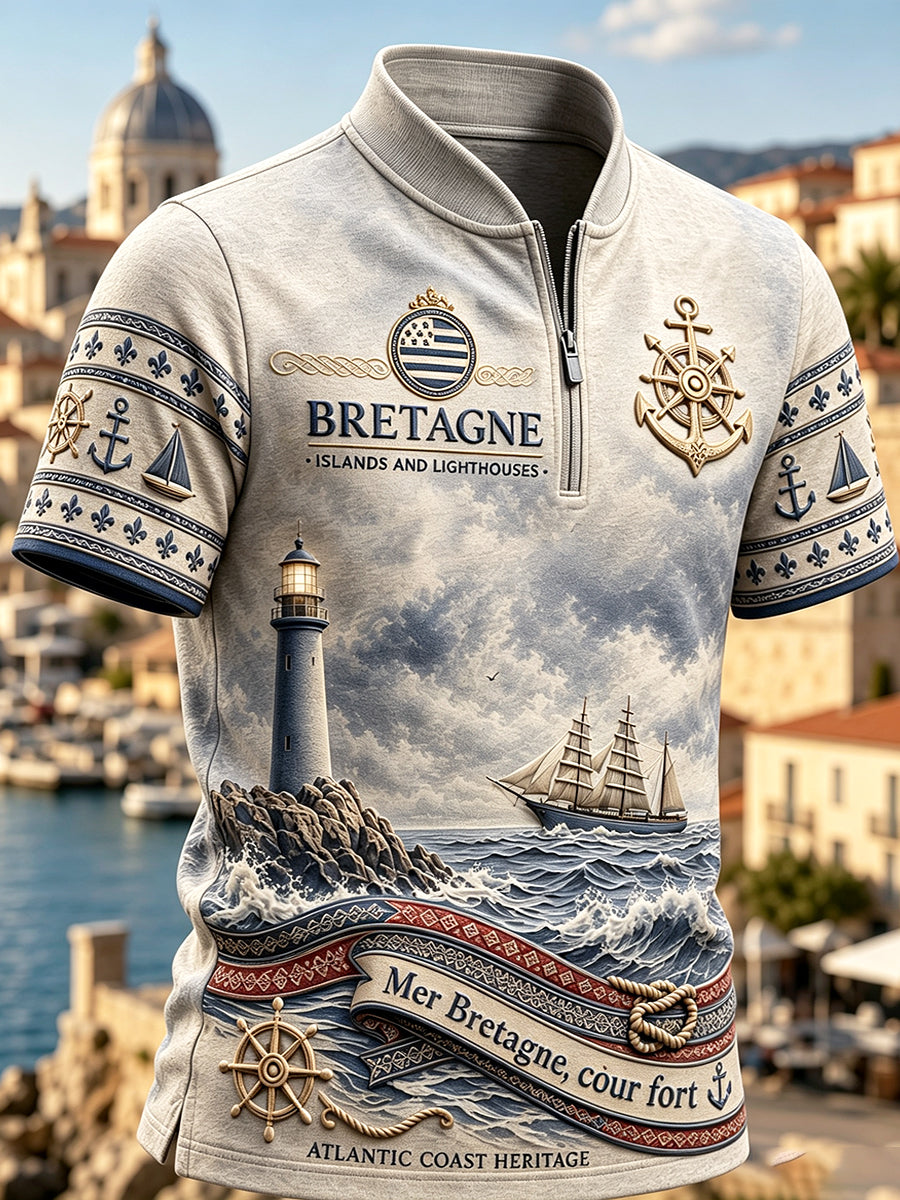 French Brittany Harbour Print Vintage Zip-Up T-shirt à manches courtes pour hommes