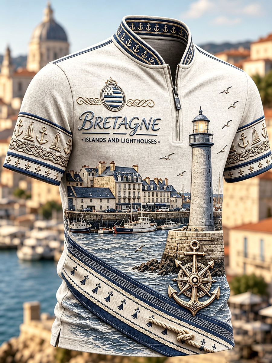 T-shirt décontracté à manches courtes zippé à imprimé breton vintage