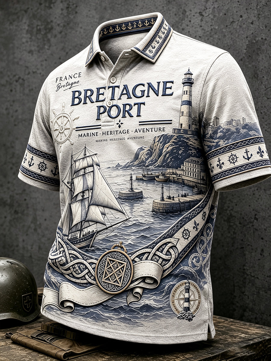 Polo décontracté vintage à imprimé nautique de style breton blanc pour homme