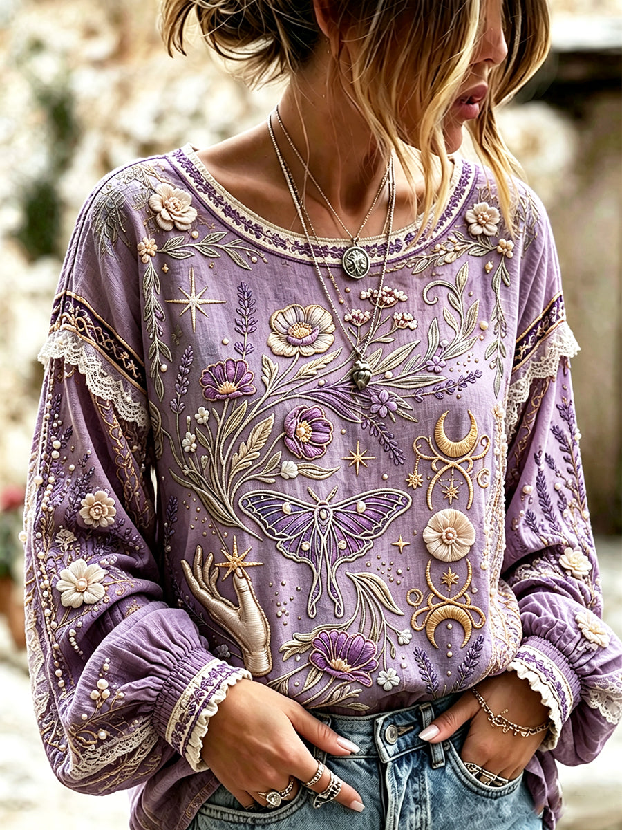 Femmes Rétro Violet Lavande Festival Imprimer Cool D'été Coton-Lin T-shirt