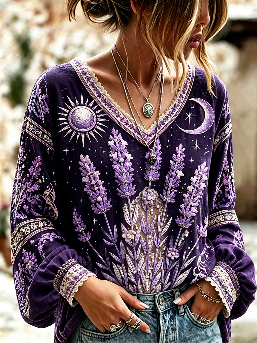 Deep Purple French Lavender Festival imprimé élégant et cool coton-lin V-cou T-shirt des femmes
