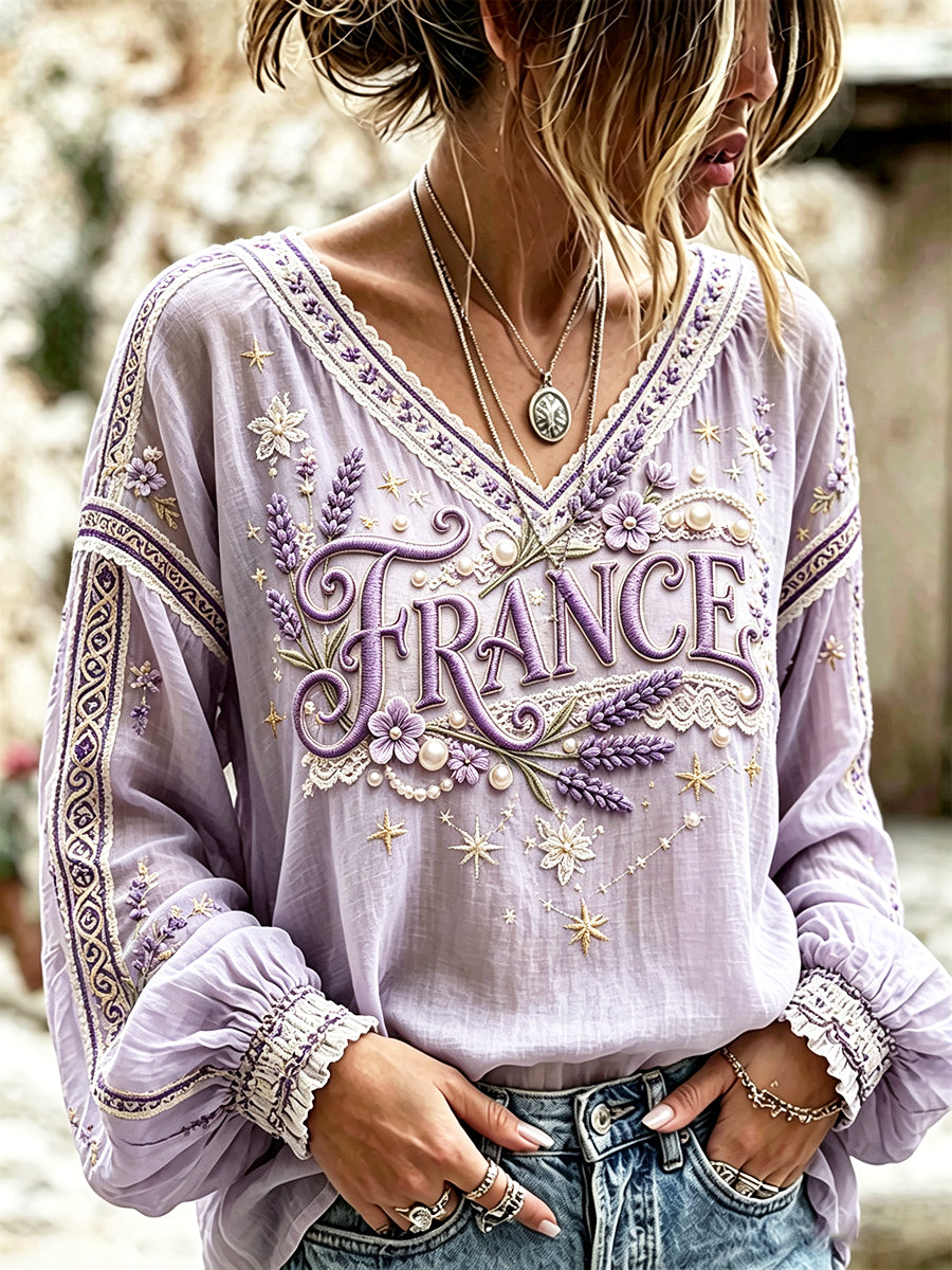 Femmes Violet Français Lavande Festival Imprimer Cool D'été Coton-Lin V-cou T-shirt