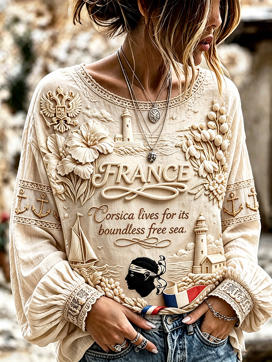 T-shirt Femme Blanc Cassé En Coton-Lin Décontracté Imprimé En 3D Français-Corse