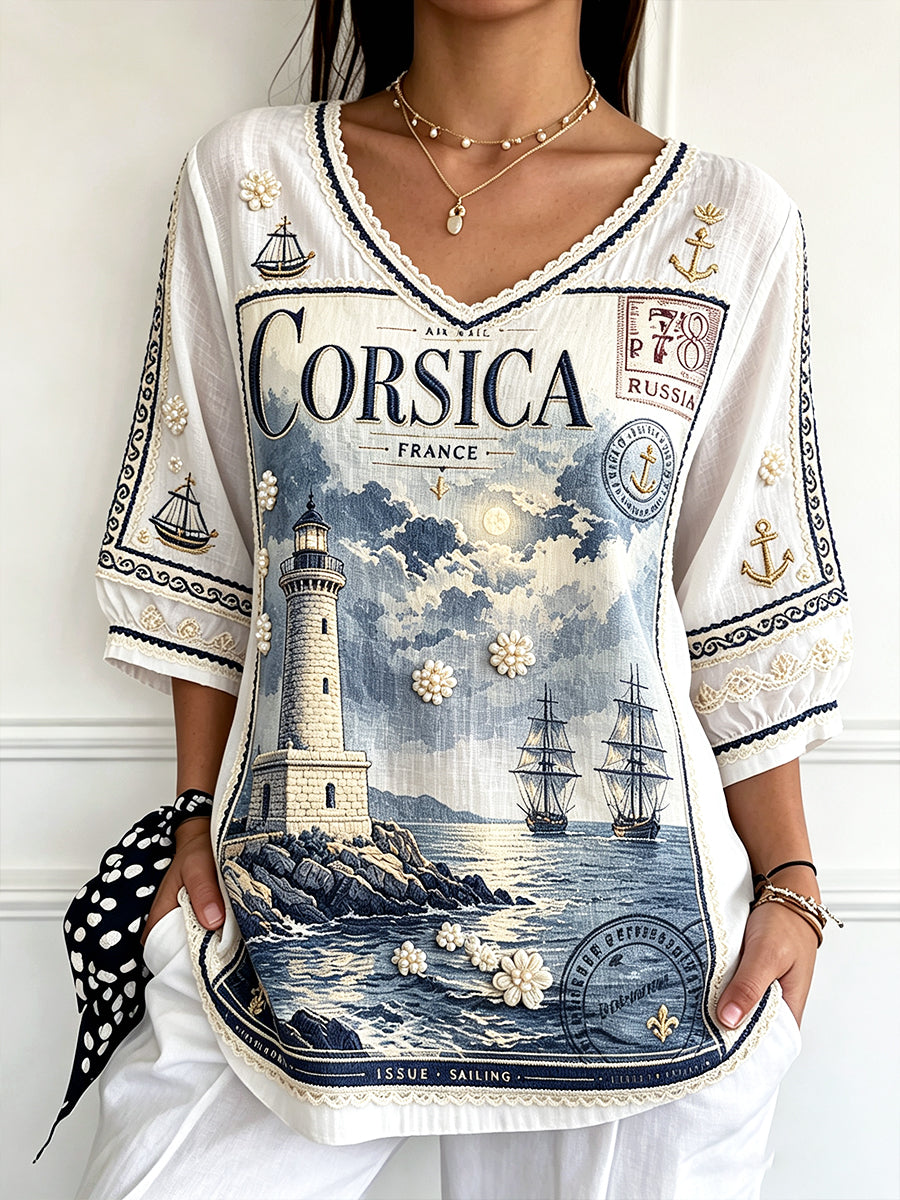 T-shirt Femme Blanc Français Corse Patchwork Imprimé Casual Été Coton-Lin Col V