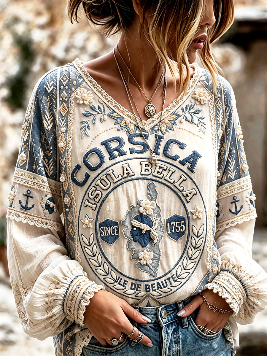 Femmes Français Corse Patchwork Imprimer Élégant Casual D'été Coton-Lin V-cou T-shirt