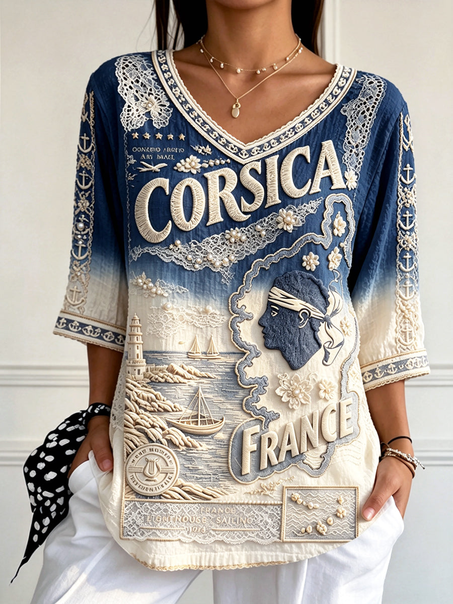 T-shirt Femme Français-Corse Dégradé Imprimé Été En Coton-Lin Col En V