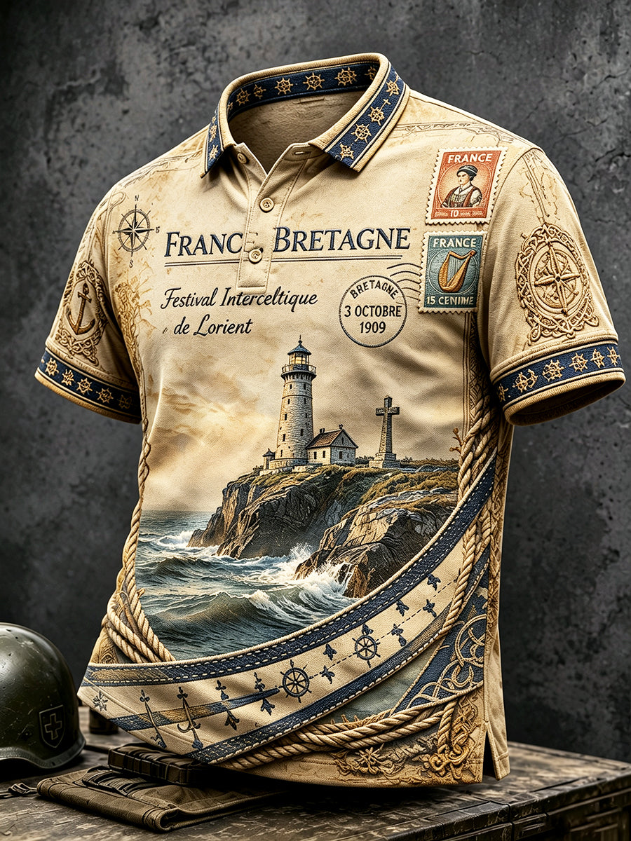 Français Lorient Celtic Festival Lighthouse Print Polo Vintage décontracté pour hommes