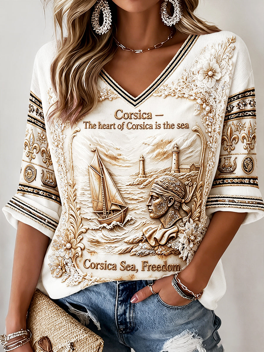 T-shirt décontracté à col en V pour homme, imprimé gaufré français corse