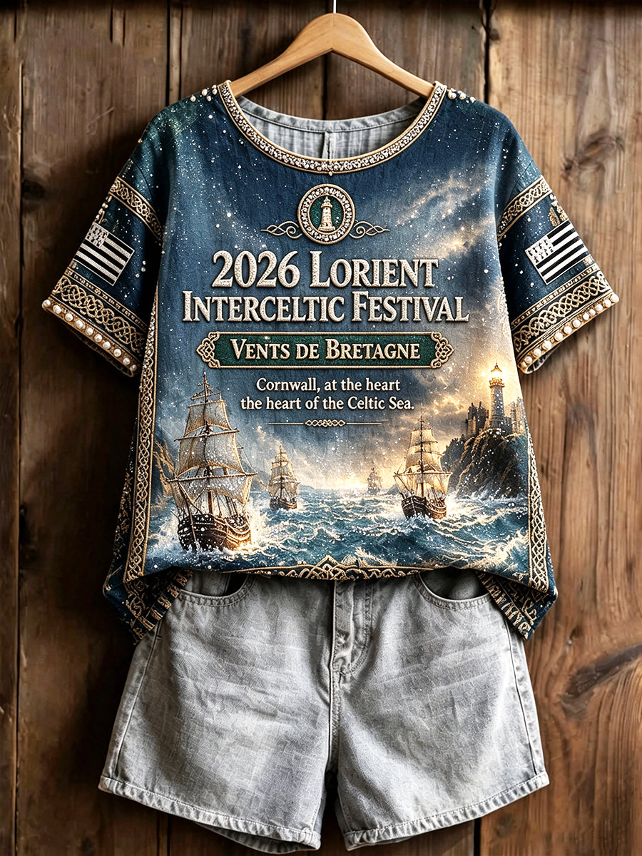 T-shirt léger en coton-lin pour femme, imprimé rétro à carreaux Lorient, festival celtique