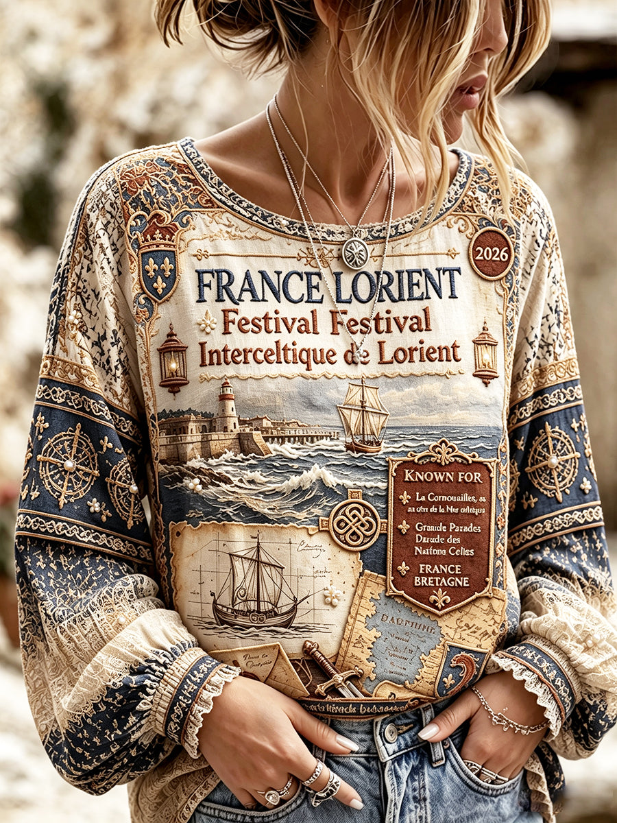 T-shirt léger en coton-lin pour femme, imprimé rétro français Lorient, motif celte de festival
