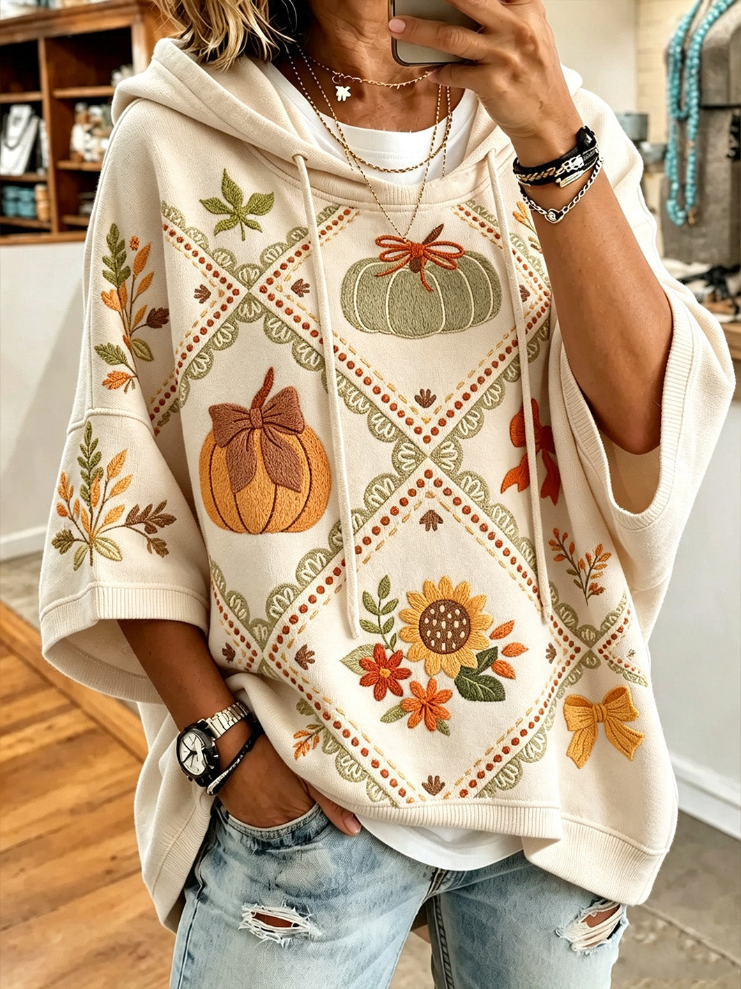 Sweat-shirt décontracté à imprimé motif automnal pour femme