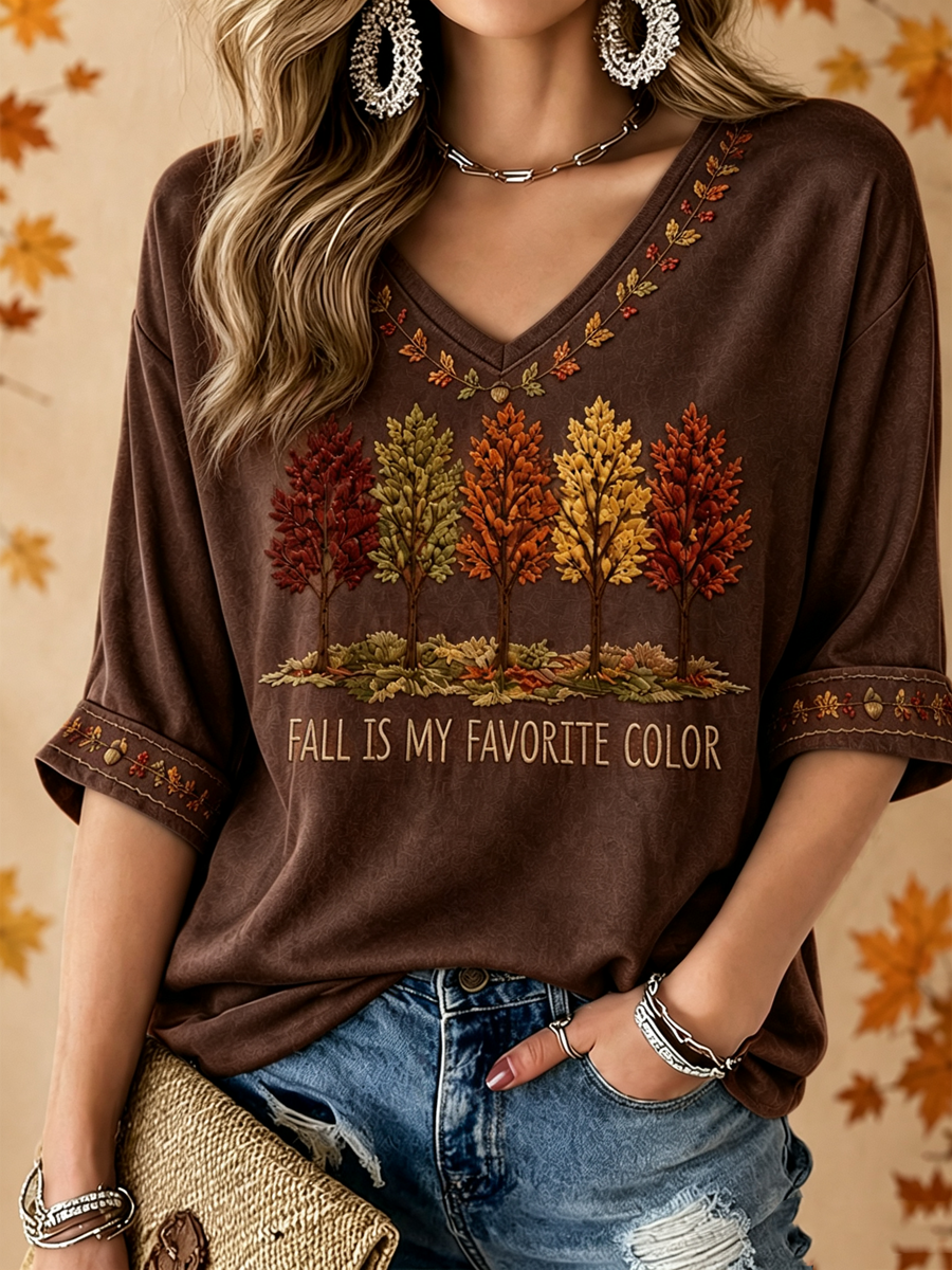 Les femmes de l'automne est ma couleur préférée imprimé mi-longueur manches col V T-shirt
