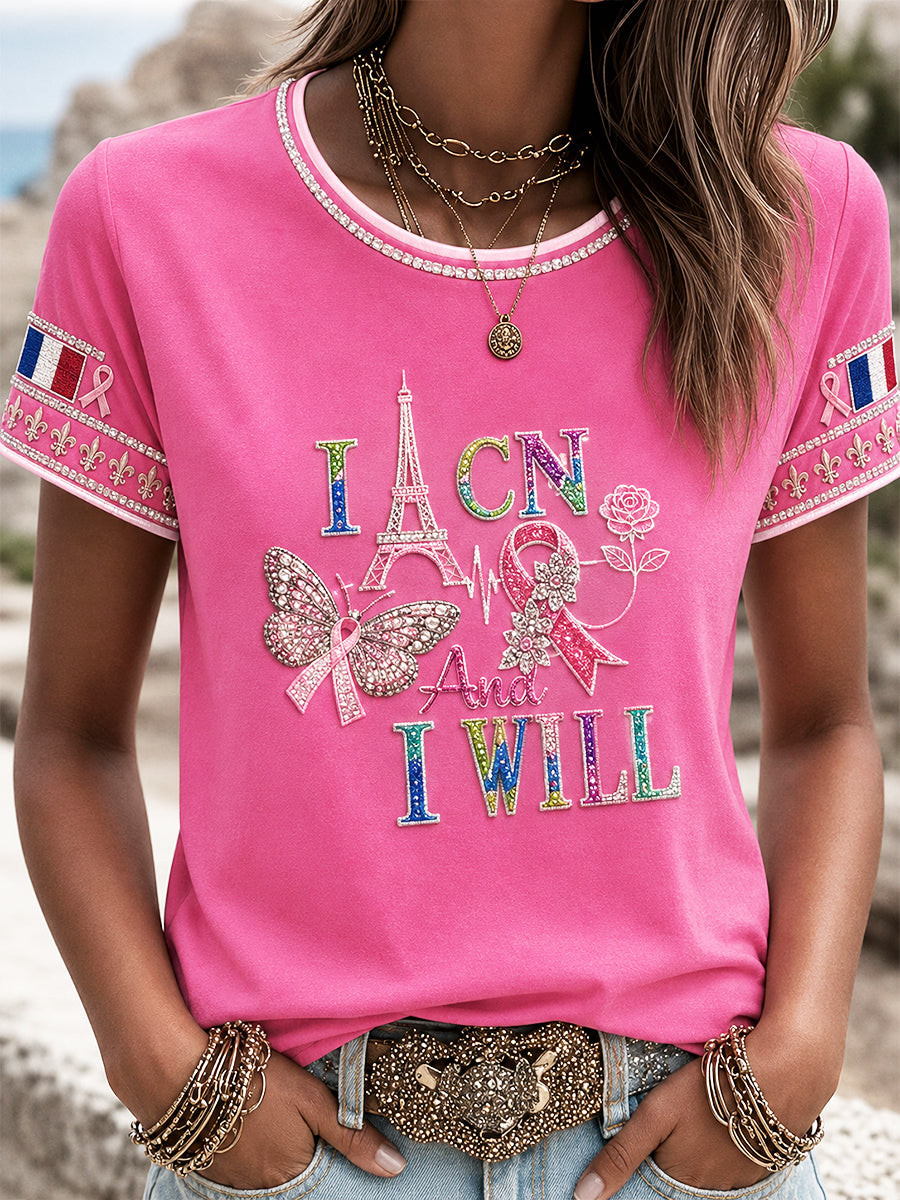 Femmes Rose Français Cancer Du Sein Tour Eiffel Imprimer T-shirt Décontracté
