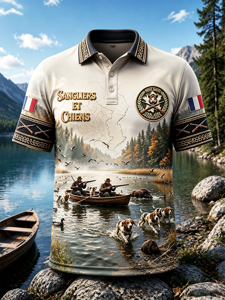 Hommes Français Bretagne Chasse Saison Sauvagine Chasse Festival Imprimé Polo Décontracté