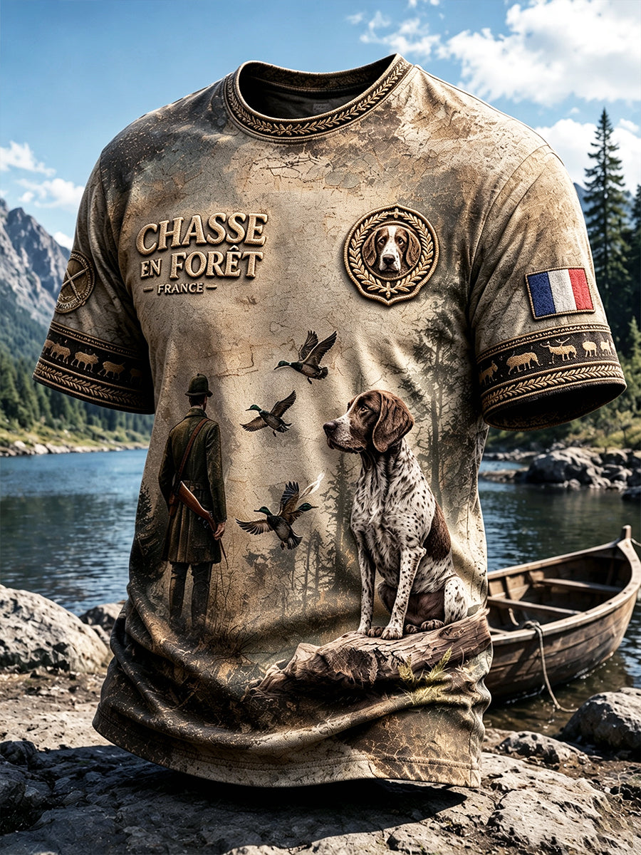 T-shirt décontracté à imprimé de saison de chasse Bretagne française vintage pour hommes