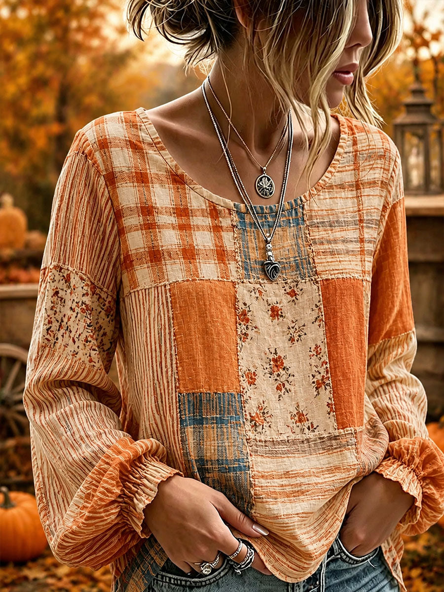 Chemise automnale pour femme en coton et lin, motif patchwork artistique