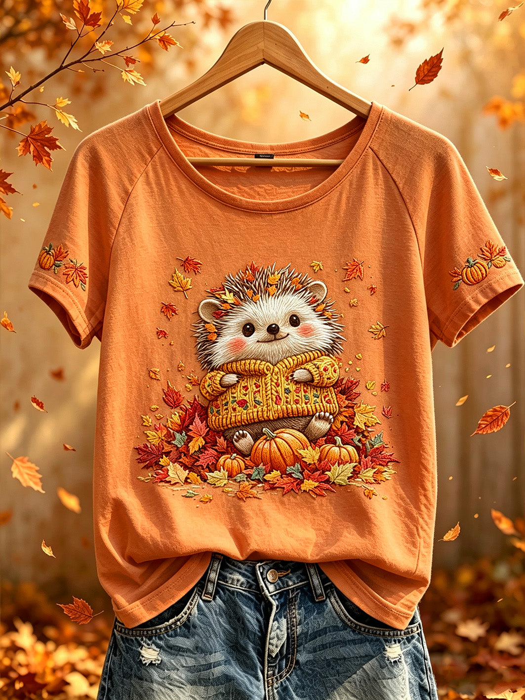 T-shirt décontracté à manches courtes imprimé élément automne pour femmes