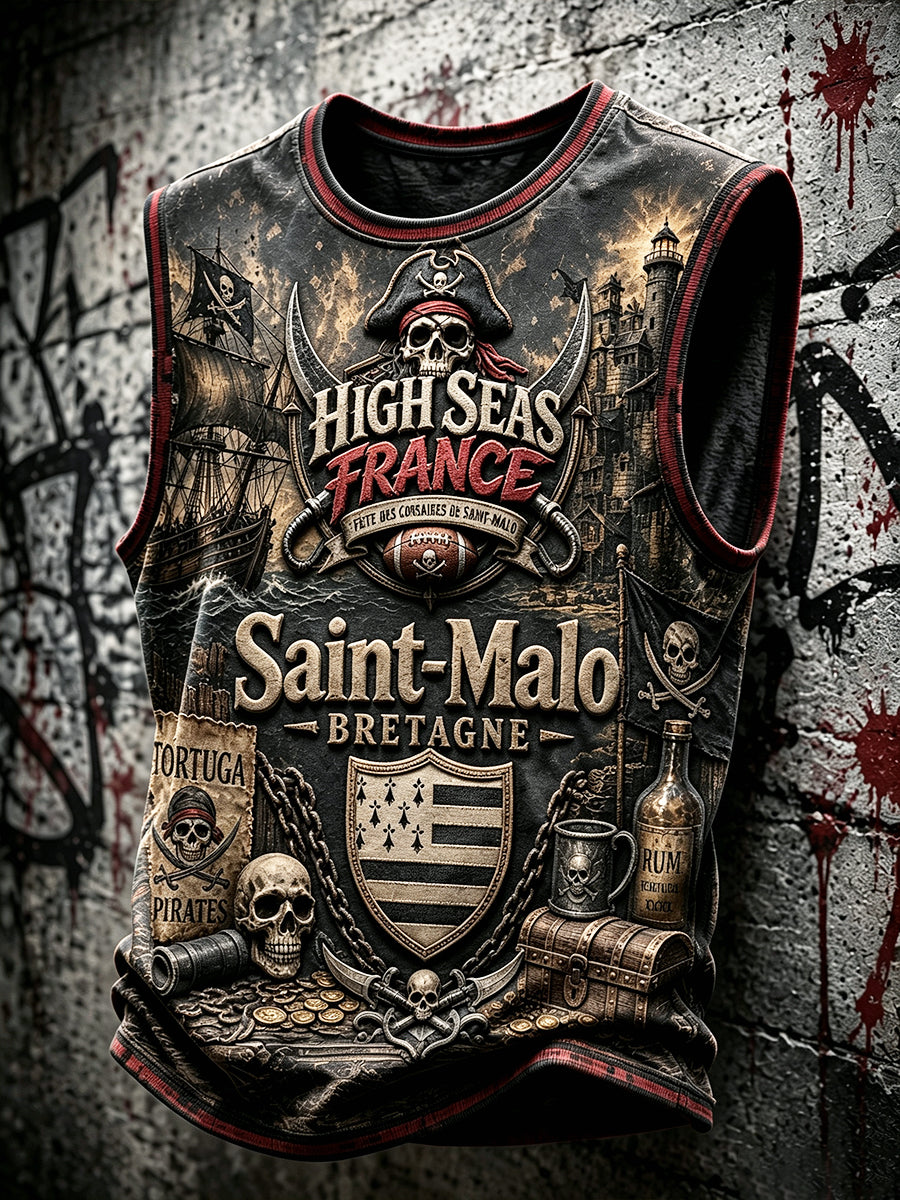 Gilet ample vintage pour homme, imprimé Fête des pirates de Saint-Malo, Bretagne, France