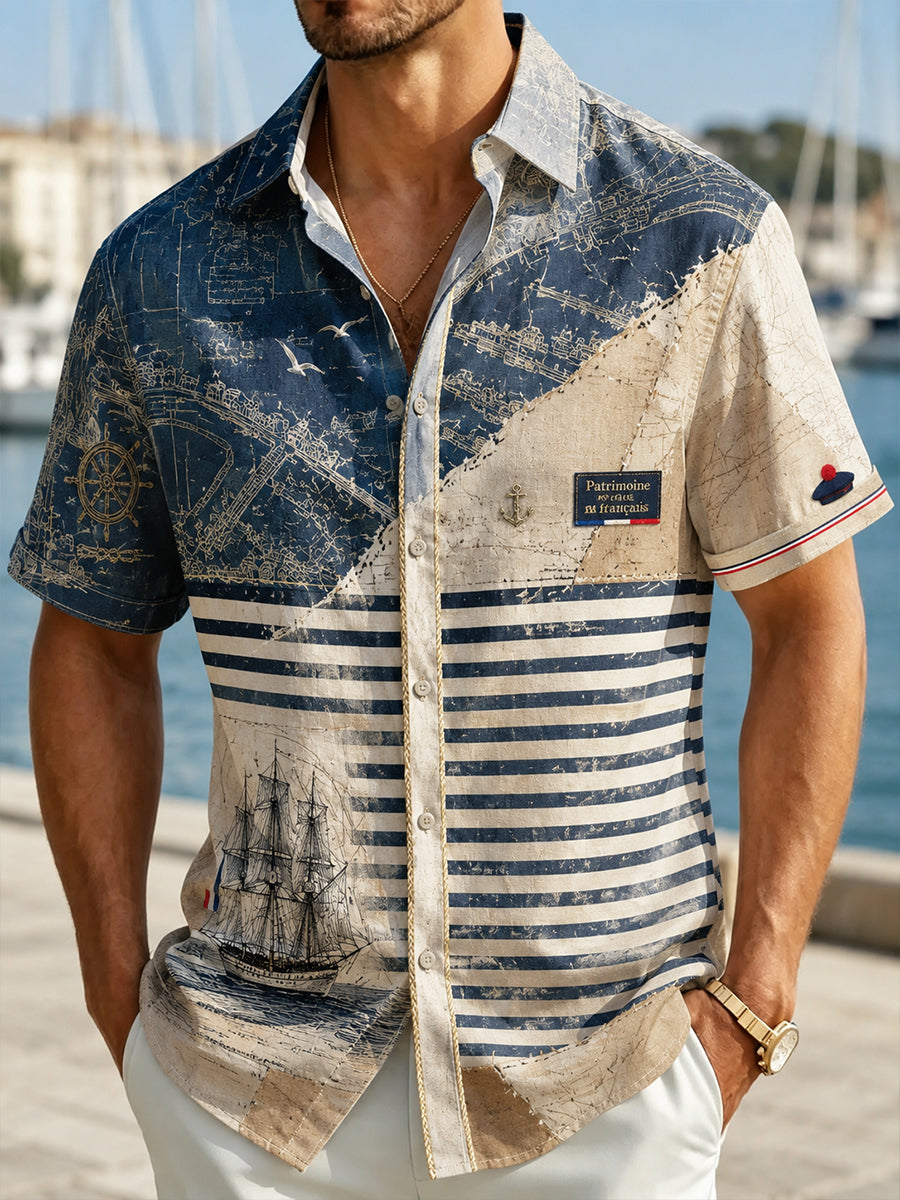 Chemise décontractée pour homme, marine française, manches courtes