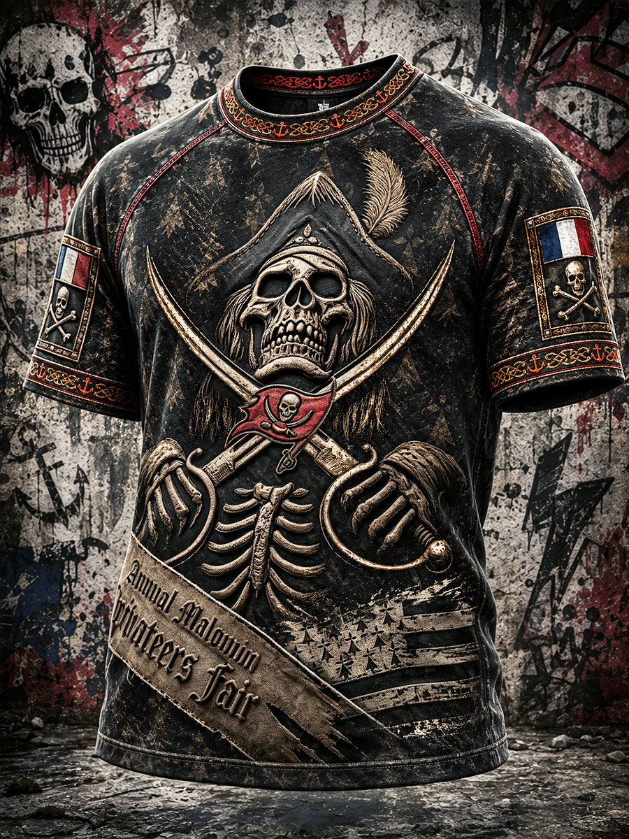 T-shirt Homme Noir Breton Français Pirate Style Gothique Imprimé Décontracté