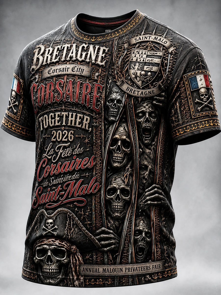T-shirt décontracté imprimé de style gothique Pirate Bretagne française pour homme