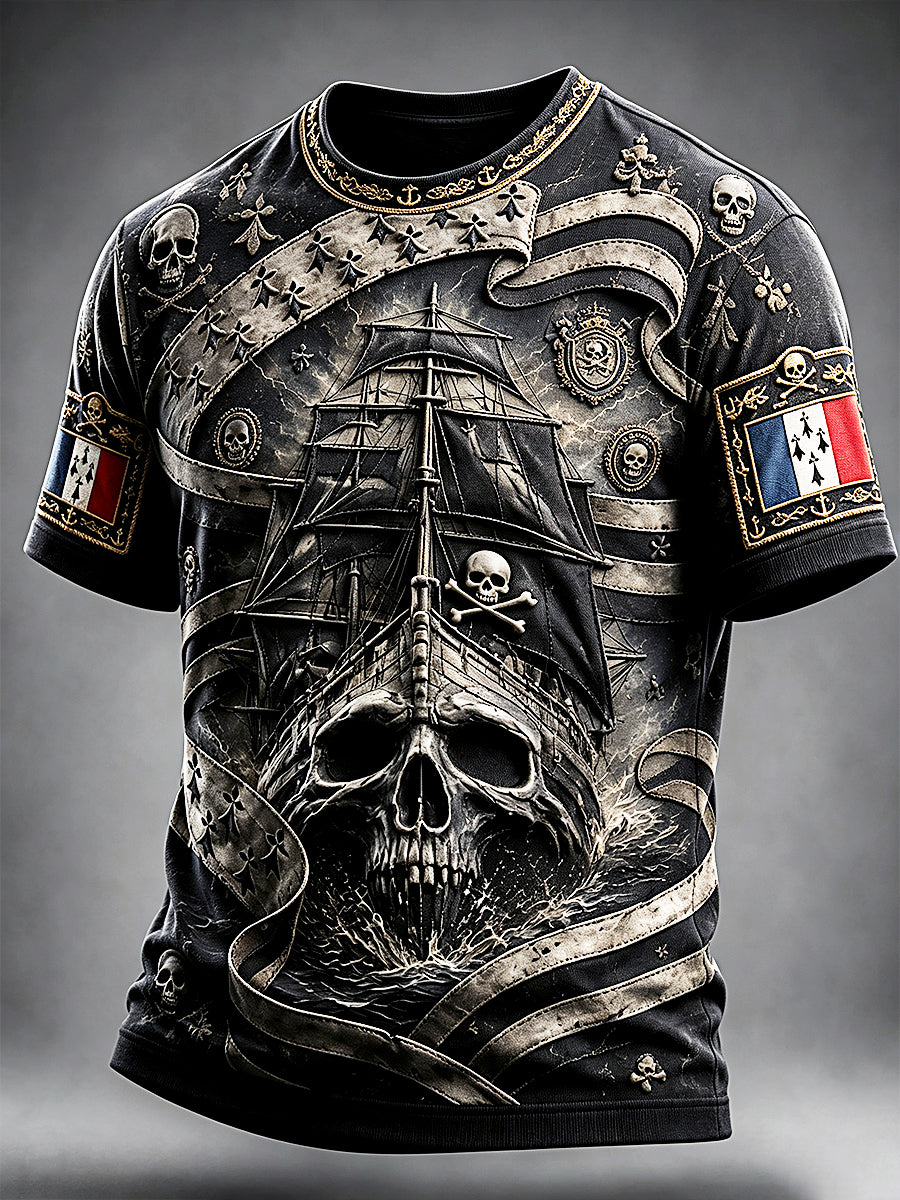 T-shirt décontracté à imprimé rétro pirate de Bretagne française pour hommes