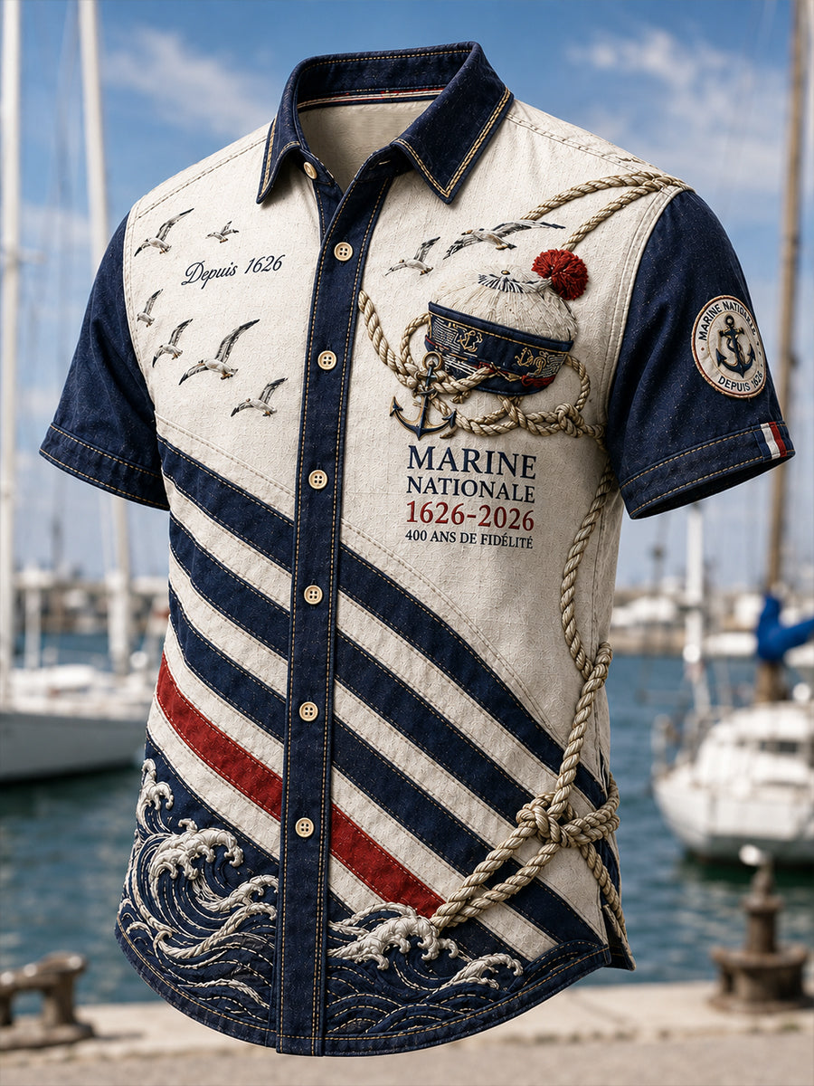 Chemise décontractée pour homme, marine française, manches courtes