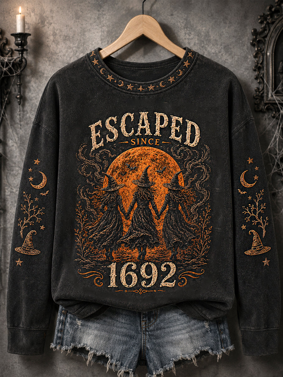 Sweat-shirt décontracté à imprimé sorcières d'Halloween échappé depuis 1692 pour femme