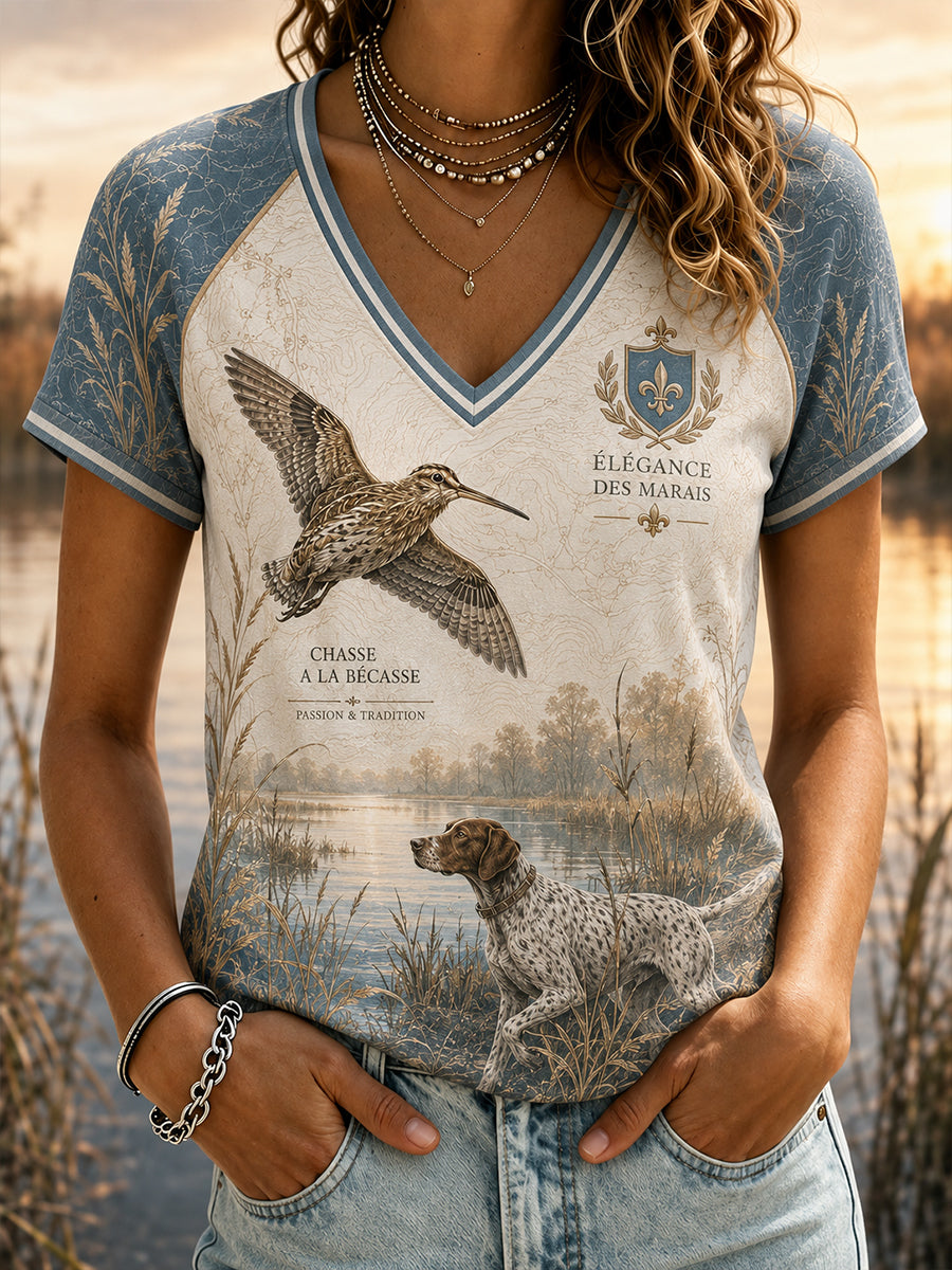 T-shirt femme à col en V et épaules dénudées, manches courtes, saison de la chasse française