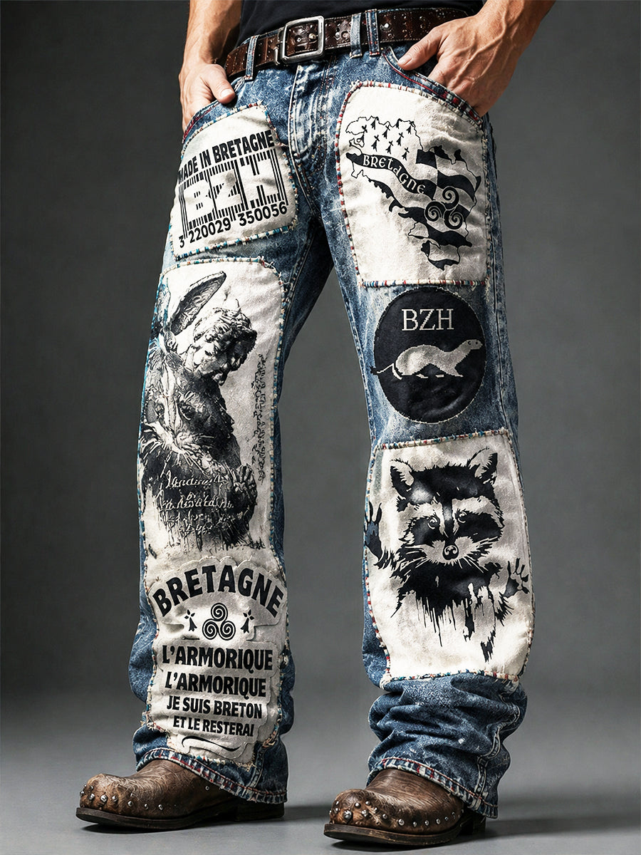 Pantalon décontracté vintage à imprimé patchwork français pour hommes
